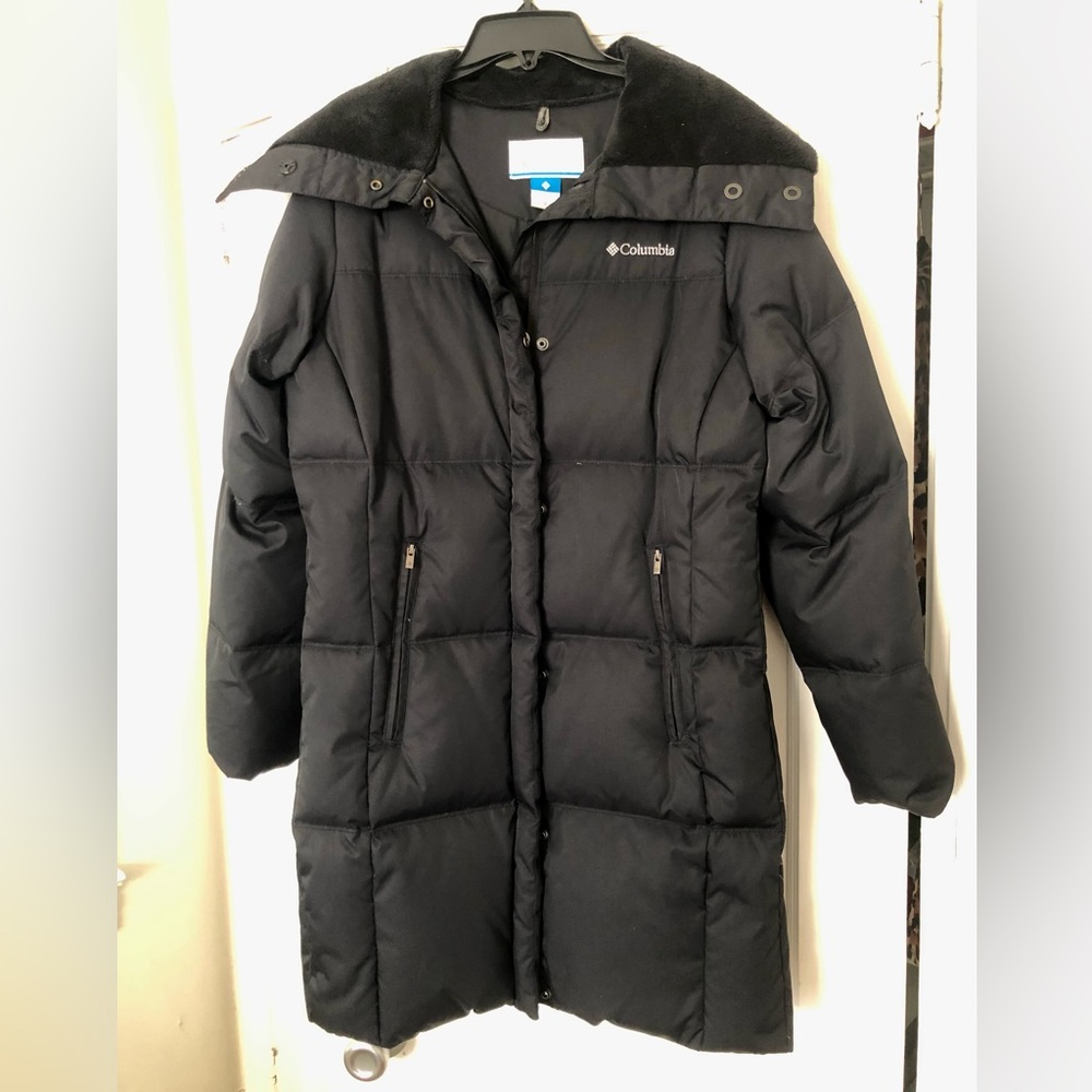 COLUMBIA Black Down Mid Length Parket Coat Jacket Fleece Funnel Neck S VGC